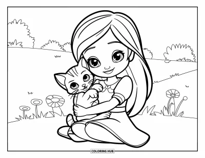 Chibi-Mädchen-Ausmalbild für Kinder: Ein Chibi-Mädchen umarmt ein Kätzchen und sitzt im Schneidersitz in einem Blumenfeld