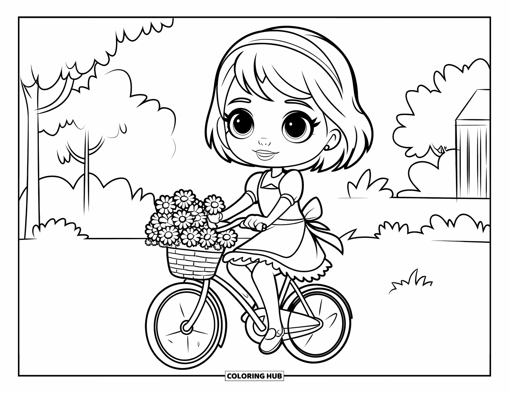 Chibi Girl Coloring Page for Kids: A chibi girl in a dress rides her bike with a flower basket