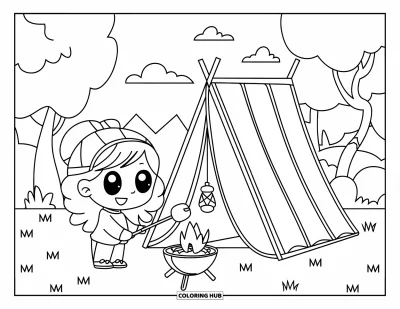 Chibi-Mädchen-Ausmalbild für Kinder: Ein Chibi-Mädchen in einem Zelt röstet Marshmallows unter blauem Himmel