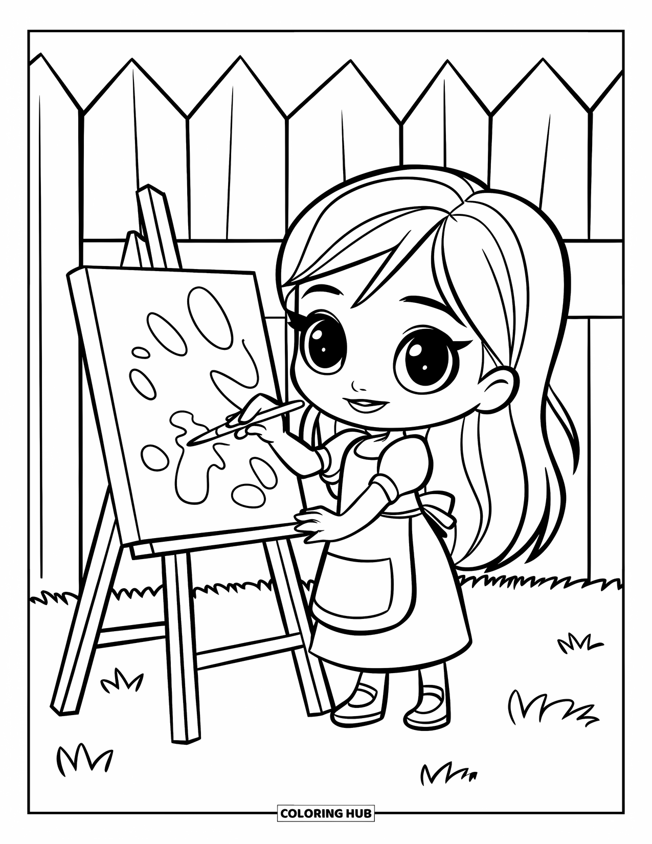 Chibi Girl Coloring Page for Kids: A chibi girl in an apron paints outdoors with splatters all around