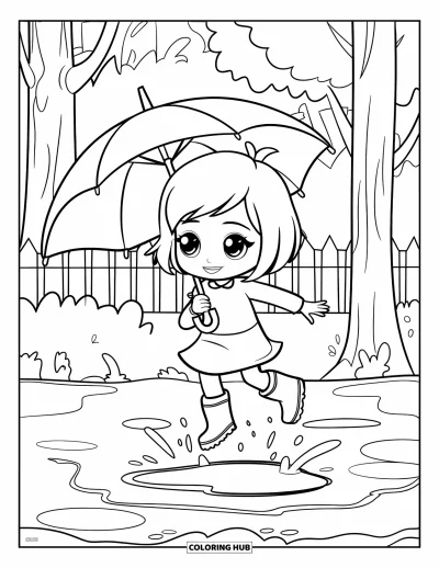 Chibi-Mädchen-Ausmalbild für Kinder: Ein Chibi-Mädchen in Stiefeln hüpft mit einem Regenschirm vergnügt in eine Pfütze
