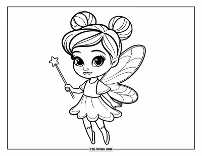 Chibi-Mädchen-Ausmalbild für Kinder: Ein Chibi-Mädchen in Feenflügeln und Kleid hält lächelnd einen Zauberstab