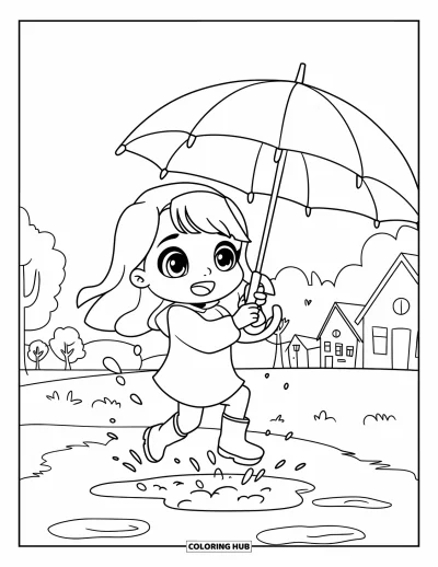 Chibi-Mädchen-Ausmalbild für Kinder: Ein Chibi-Mädchen hüpft mit Regenschirm in eine Pfütze in ruhiger Umgebung