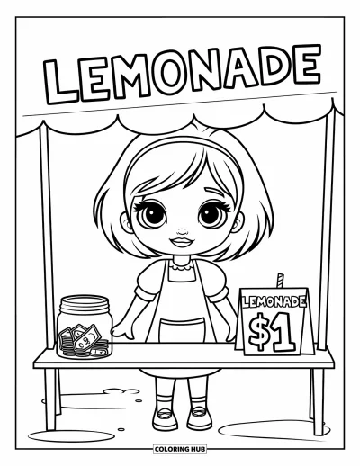 Chibi-Mädchen-Ausmalbild für Kinder: Ein Chibi-Mädchen reicht Limonade an ihrem Stand mit einem niedlichen Preisschild