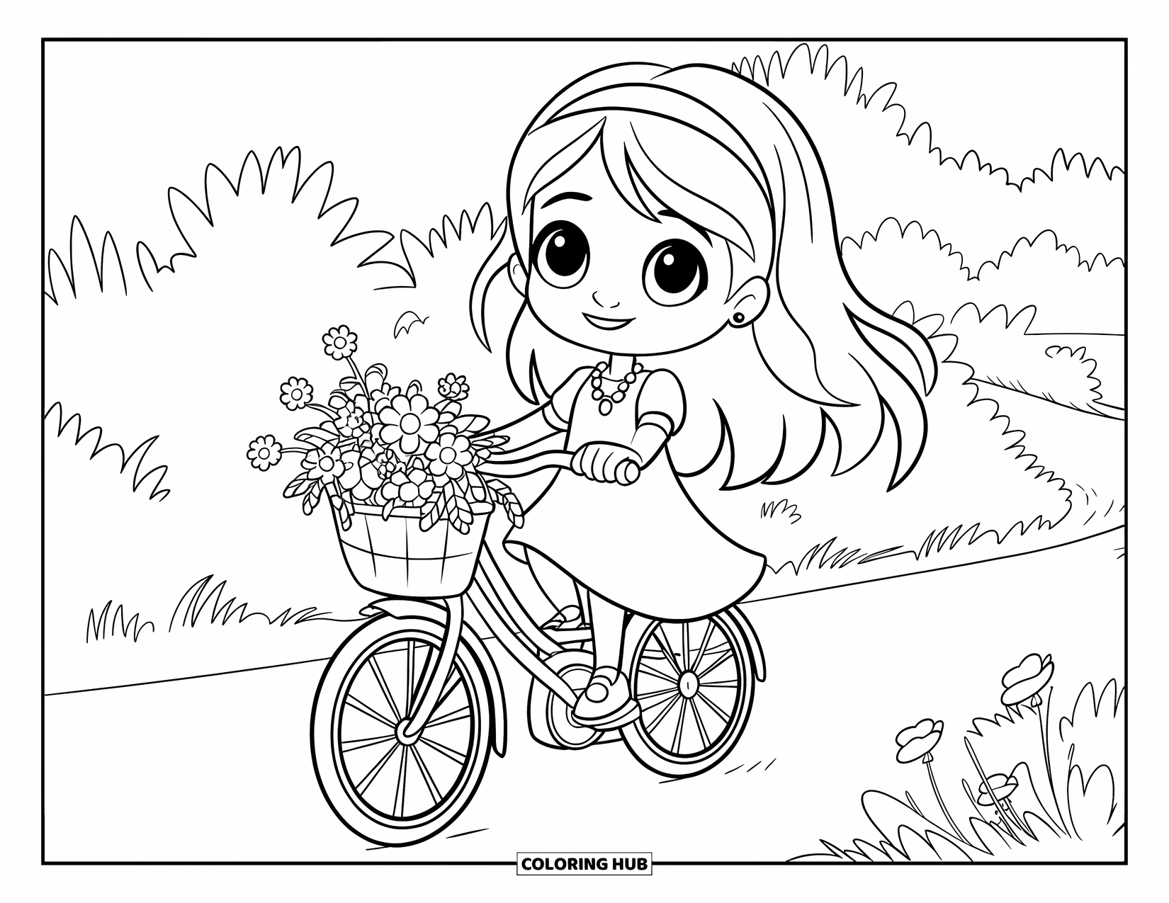 Chibi Girl Coloring Page for Kids: A chibi girl pedals a bike down a flower-lined path