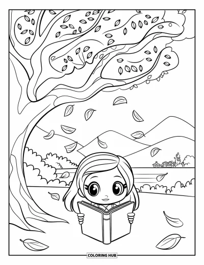 Chibi-Mädchen-Ausmalbild für Kinder: Ein Chibi-Mädchen liest ruhig unter einem Baum, während Blätter um sie fallen