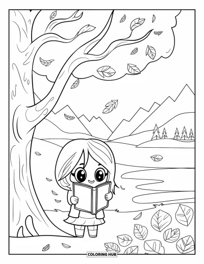 Chibi-Mädchen-Ausmalbild für Kinder: Ein Chibi-Mädchen liest unter einem Baum mit fallenden Blättern neben Bergen und Wasser