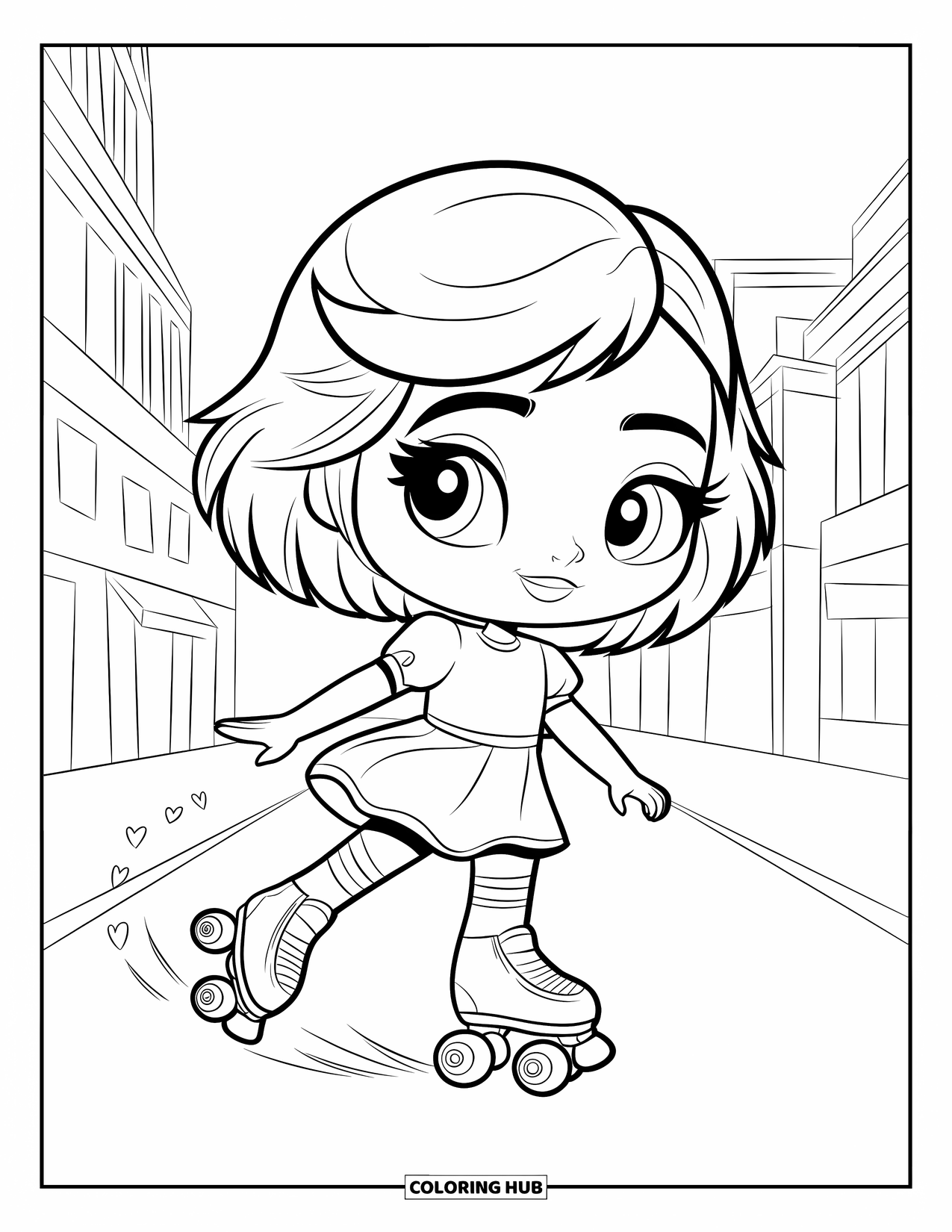 Chibi Girl Coloring Page for Kids: A chibi girl roller skates past buildings, leaving a path of hearts