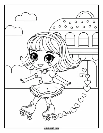 Chibi-Mädchen-Ausmalbild für Kinder: Ein Chibi-Mädchen fährt Rollschuhe und hinterlässt eine Spur aus Herzen