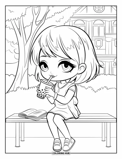Chibi-Mädchen-Ausmalbild für Kinder: Ein Chibi-Mädchen trinkt Bubble-Tea auf einer Bank mit einem Buch neben sich