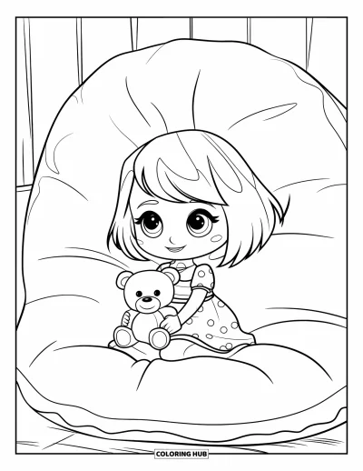 Chibi-Mädchen-Ausmalbild für Kinder: Ein Chibi-Mädchen sitzt auf einem riesigen Kissen und umarmt fest einen Teddybären