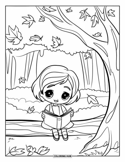 Chibi-Mädchen-Ausmalbild für Kinder: Ein Chibi-Mädchen sitzt auf einem Baumstamm und liest unter einem belaubten Waldbaum
