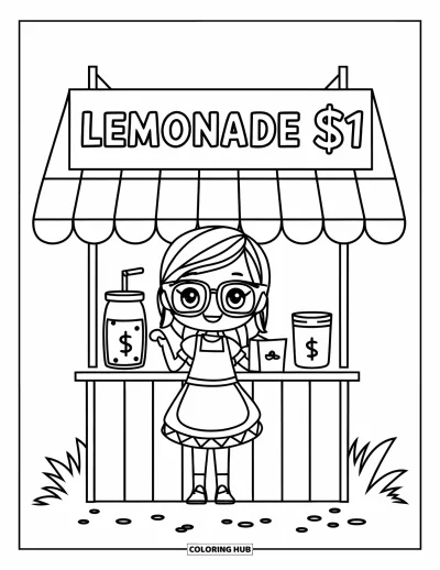 Chibi-Mädchen-Ausmalbild für Kinder: Ein Chibi-Mädchen steht an ihrem Limonadestand mit einem Geldglas daneben
