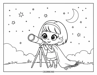 Chibi-Mädchen-Ausmalbild für Kinder: Ein Chibi-Mädchen beobachtet mit einem Teleskop den Sternenhimmel mit Halbmond