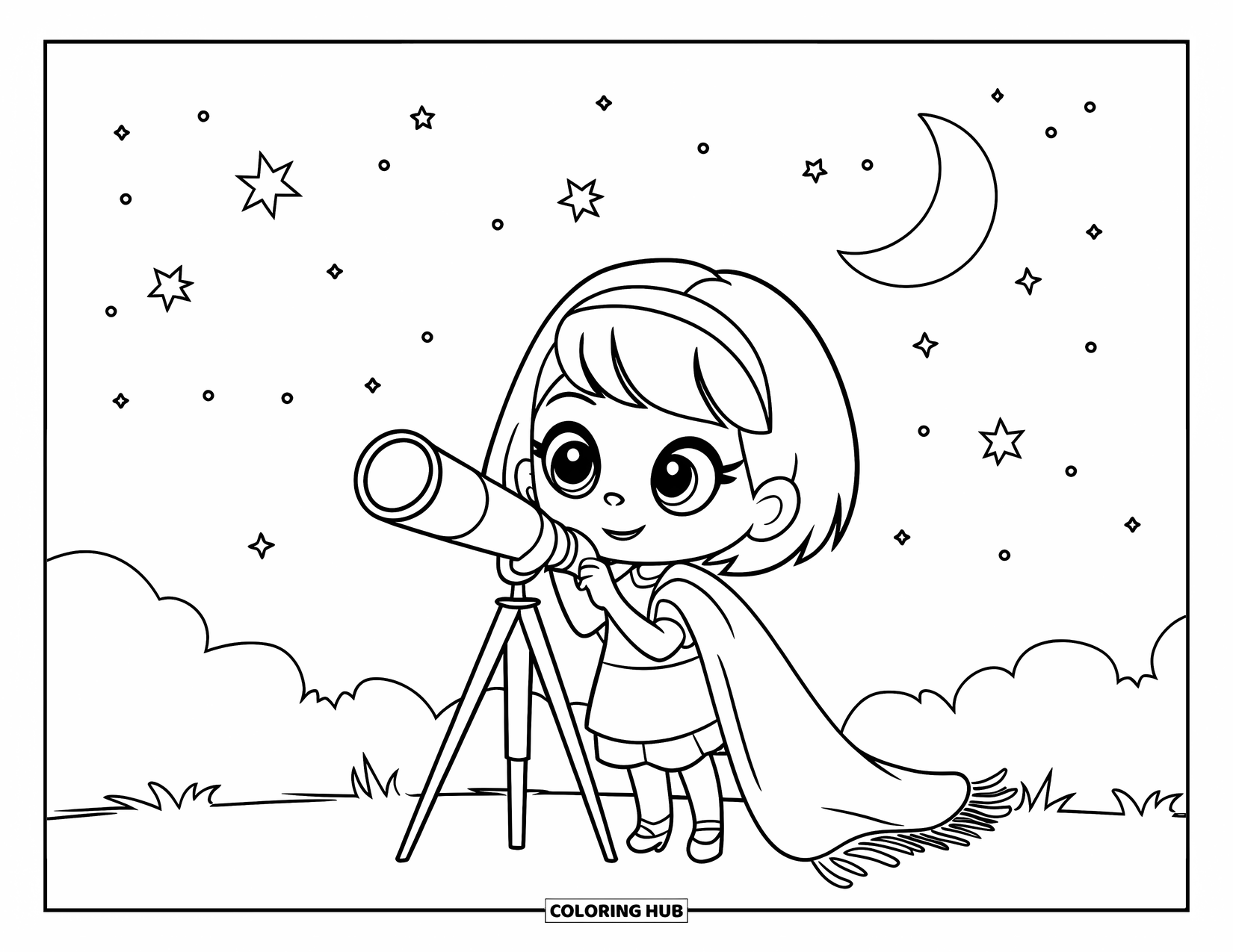 Chibi Girl Coloring Page for Kids: A chibi girl stargazes with a telescope under a starry sky and crescent moon