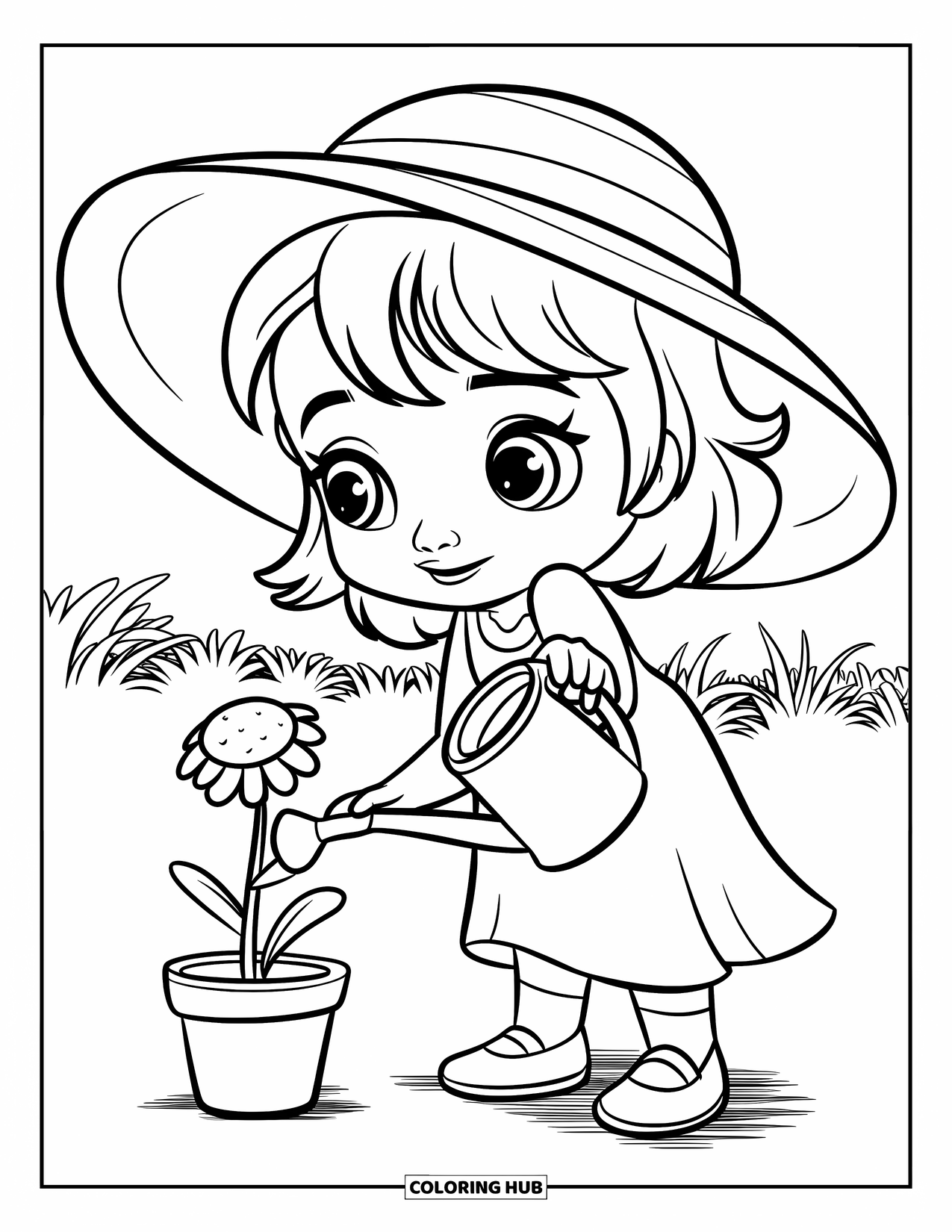 Chibi Girl Coloring Page for Kids: A chibi girl waters a flower in a tiny pot while wearing a big sun hat