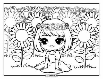 Chibi-Mädchen-Ausmalbild für Kinder: Ein Chibi-Mädchen mit Blumenkranz sitzt friedlich in einem Sonnenblumenfeld