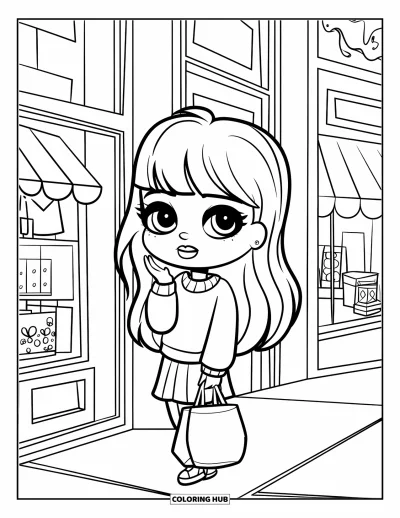 Chibi-Mädchen-Ausmalbild für Kinder: Ein Chibi-Mädchen mit Tragetasche erkundet eine Straße voller Schaufenster
