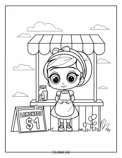 Chibi-Mädchen-Ausmalbild für Kinder: Ein Chibi-Mädchen mit gelbem Hut betreibt an einem sonnigen Tag einen Limonadestand