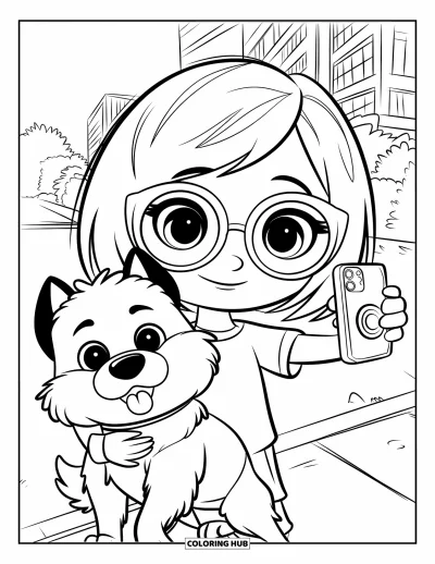 Chibi-Mädchen-Ausmalbild für Kinder: Ein Chibi-Mädchen mit Brille macht ein Selfie mit ihrem flauschigen weißen Hund