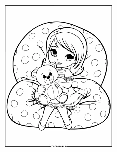 Chibi-Mädchen-Ausmalbild für Kinder: Ein Chibi-Mädchen im Spitzenkleid umarmt einen Bären auf einem gepunkteten Kissen