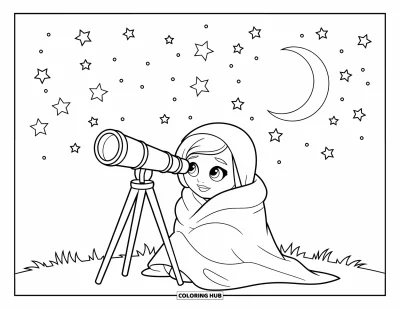 Chibi-Mädchen-Ausmalbild für Kinder: In eine Decke gehüllt blickt ein Chibi-Mädchen nachts durch ein Teleskop in die Sterne