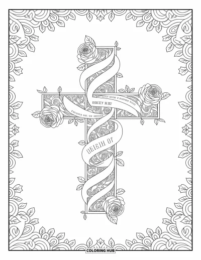 Christian Coloring Page for Adults: A cross made of roses, vines, and scripture banners sits framed by swirling floral designs