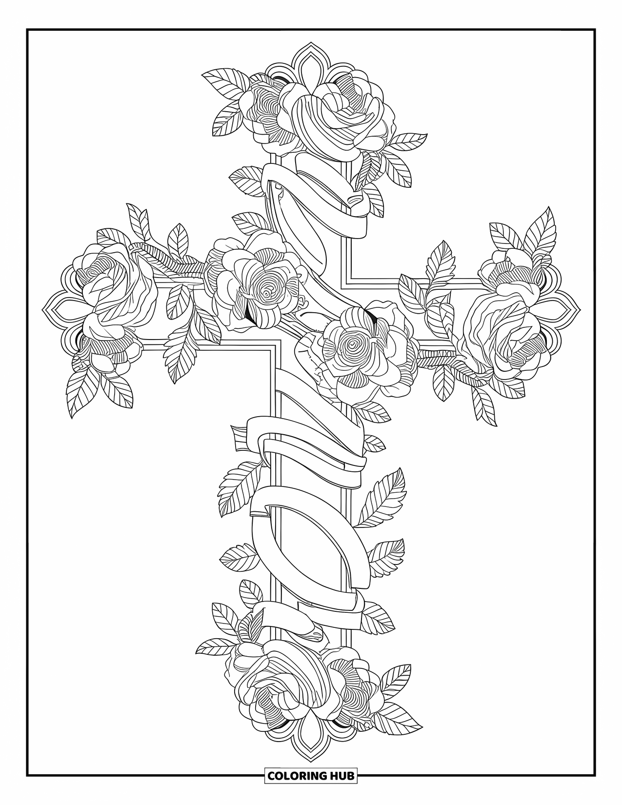Christian Coloring Page for Adults: A detailed cross woven with vines, roses, and scripture banners is bordered by intricate floral patterns
