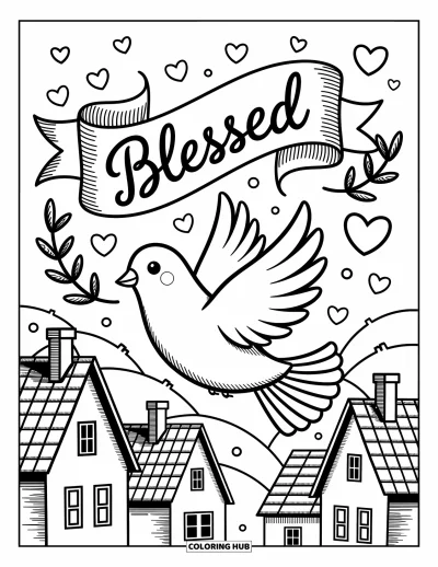 Christian Coloring Page for Adults: A dove with playful swirly wings soars over a cozy village with a scroll reading "Blessed"