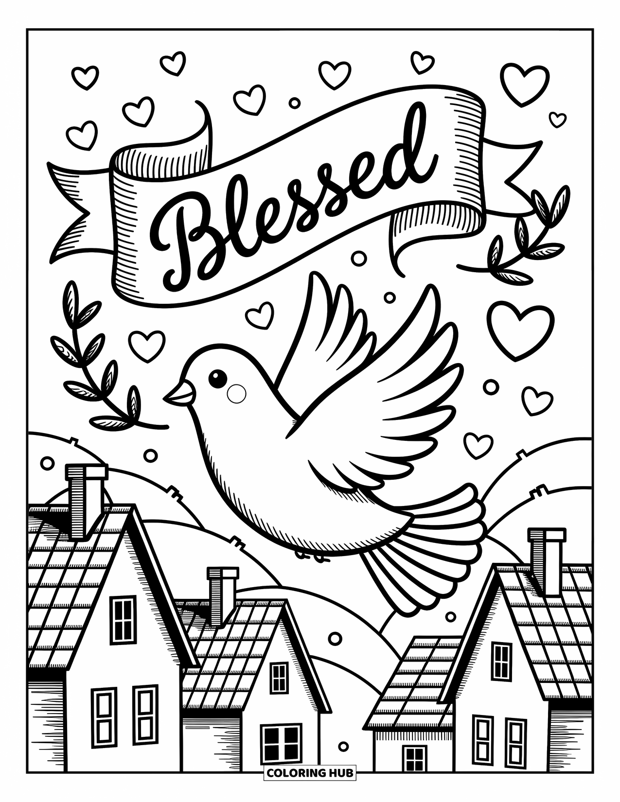 Christian Coloring Page for Adults: A dove with playful swirly wings soars over a cozy village with a scroll reading "Blessed"