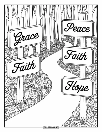 Christian Coloring Page for Adults: A forest trail winds through trees with signs reading "Grace," "Peace," "Faith," and "Hope"