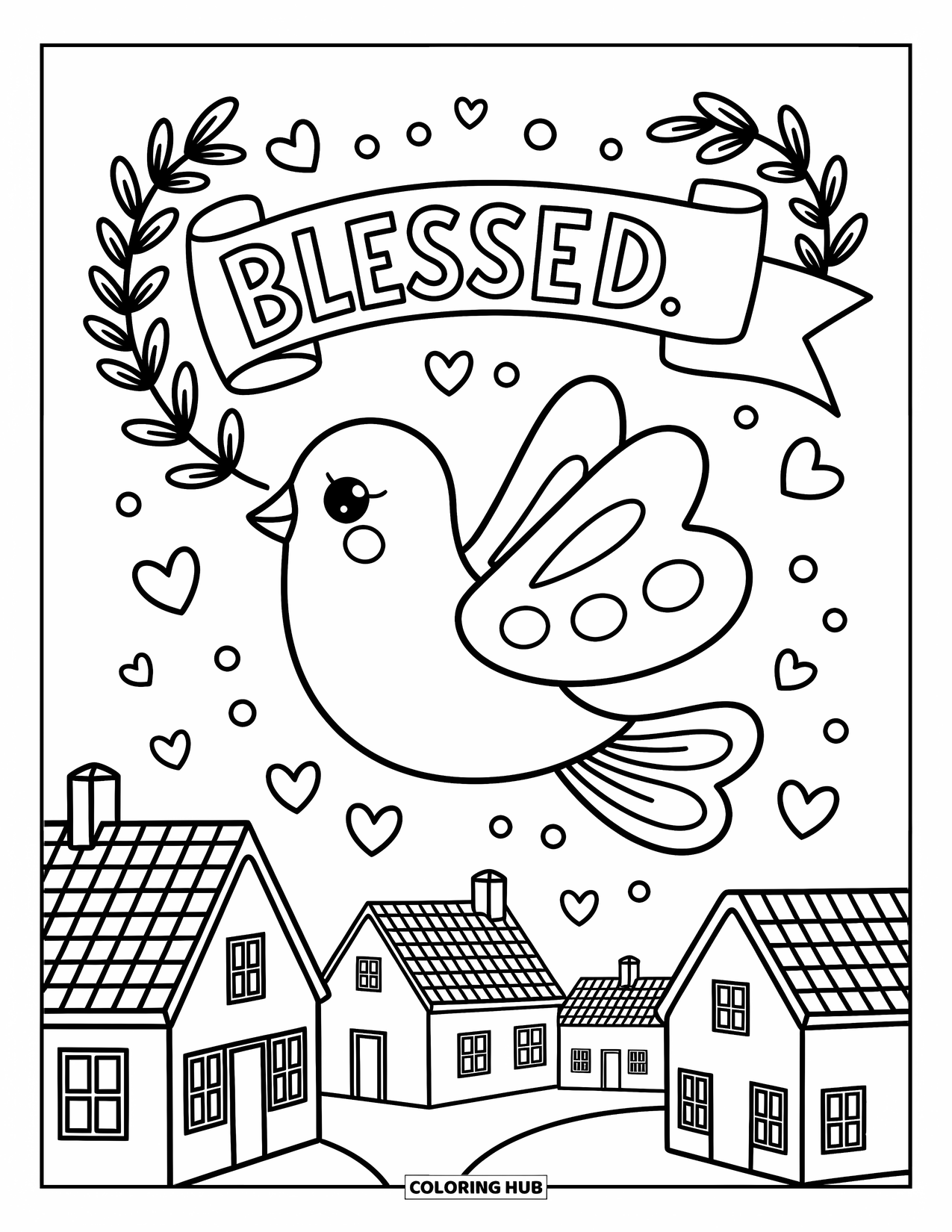 Christian Coloring Page for Adults: A friendly dove with swirly heart-shaped wings glides over a village carrying a scroll that says "Blessed"