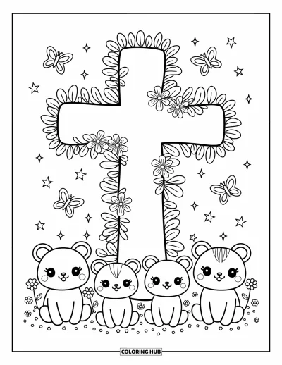 Christian Coloring Page for Adults: A large cross wrapped in ivy stands surrounded by cute forest animals, butterflies, and sparkles