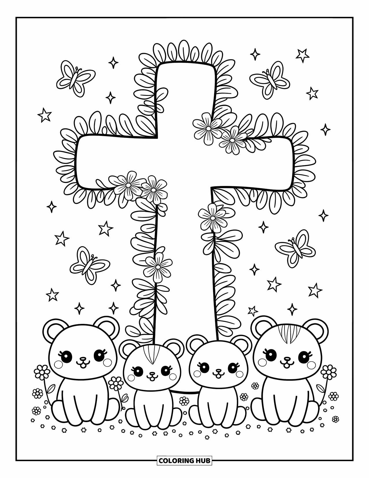 Christian Coloring Page for Adults: A large cross wrapped in ivy stands surrounded by cute forest animals, butterflies, and sparkles