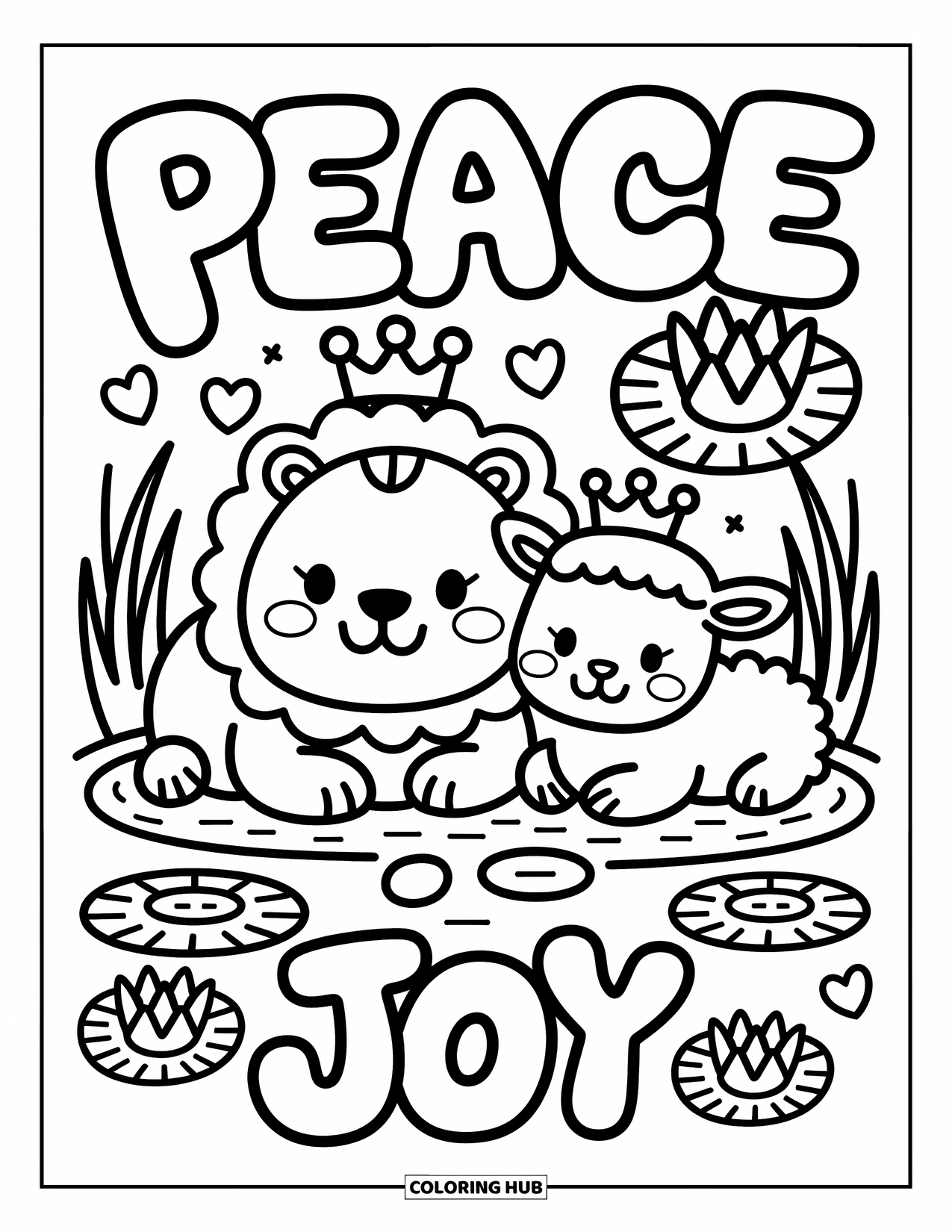 Christian Coloring Page for Adults: A lion and lamb with tiny crowns rest beside a pond with lily pads spelling "Peace" and "Joy"