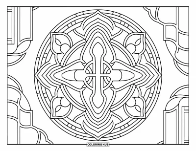 Christian Coloring Page for Adults: A mandala centered around the Ichthys symbol is filled with delicate, intricate sacred patterns