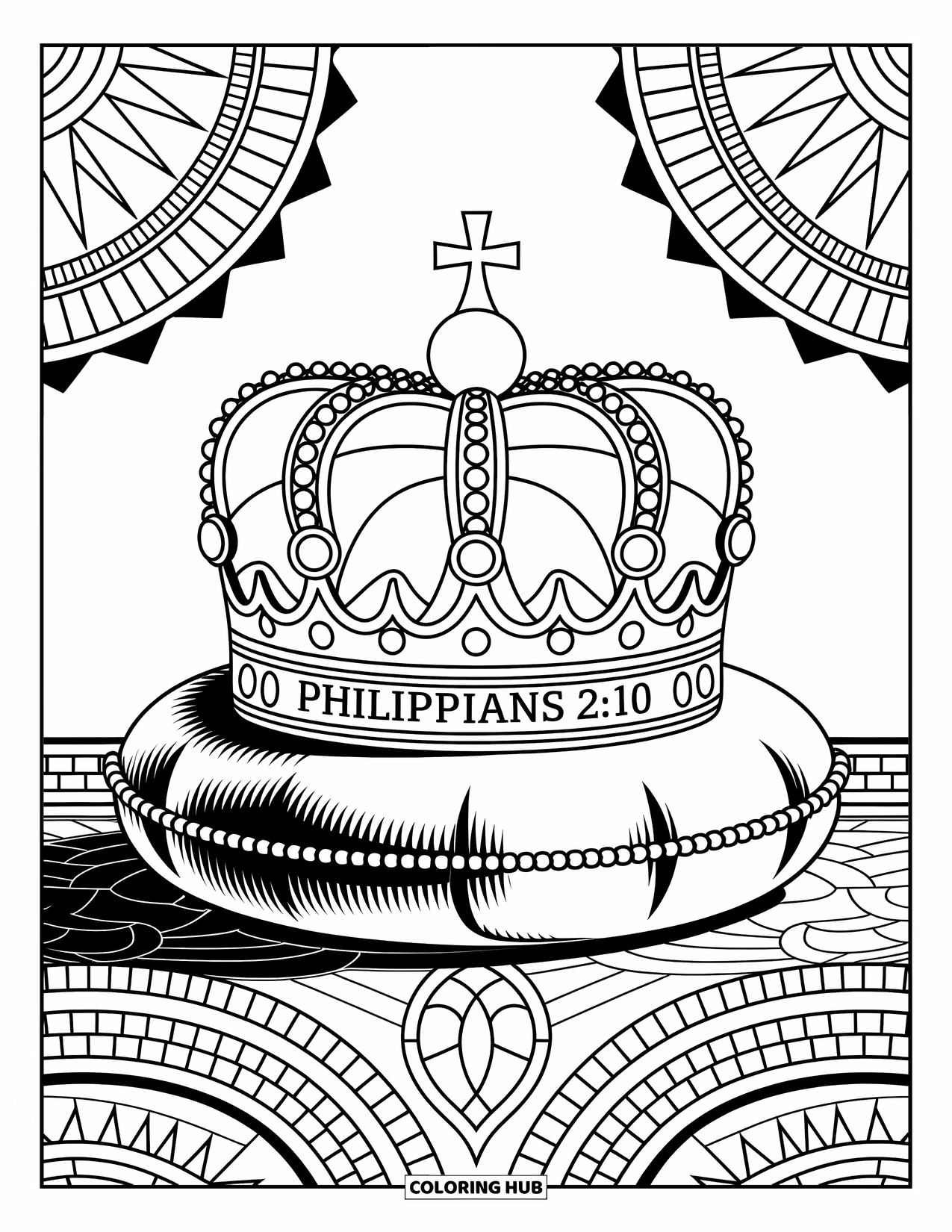 Christian Coloring Page for Adults: A mosaic crown atop a cushion sits surrounded by elegant patterns and "Philippians 2:10"