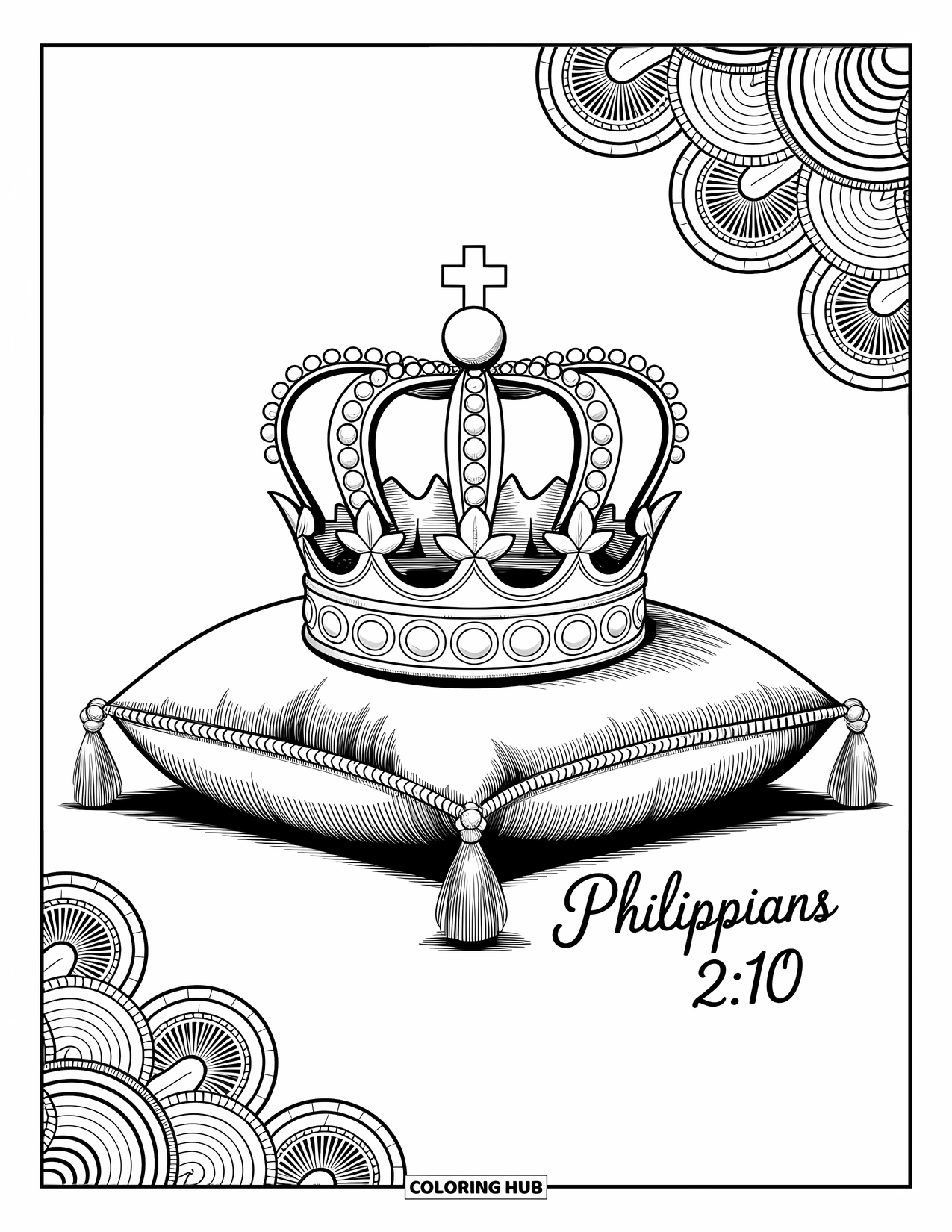 Christian Coloring Page for Adults: A patterned crown on a velvet cushion is framed by "Philippians 2:10" in cursive script