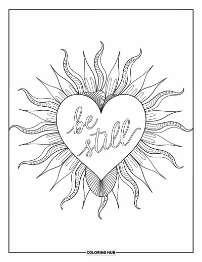 Christian Coloring Page for Adults: A radiant sacred heart with "Be Still" inside is framed by elegant swirling patterns