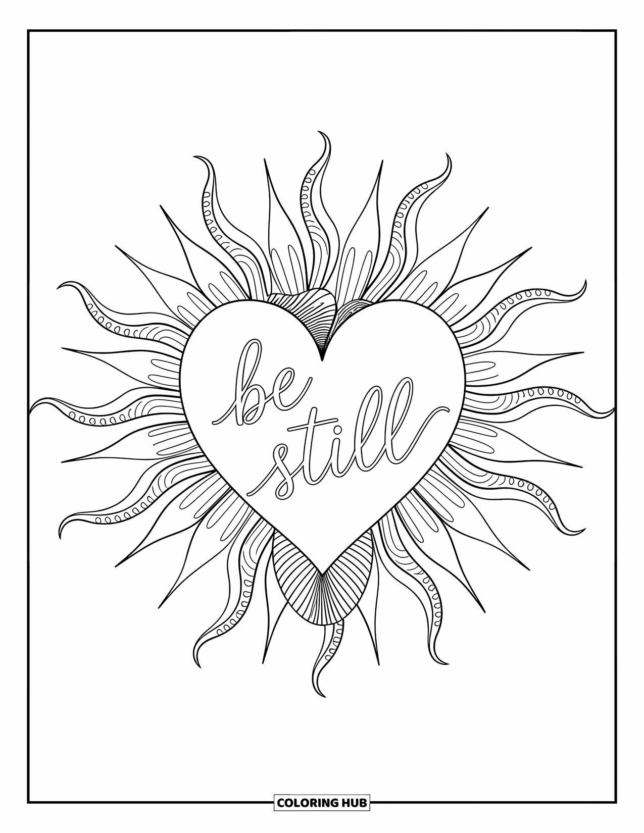 Christian Coloring Page for Adults: A radiant sacred heart with "Be Still" inside is framed by elegant swirling patterns