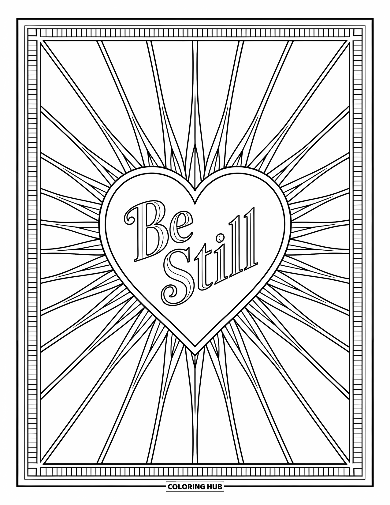 Christian Coloring Page for Adults: A sacred heart with radiating sun rays holds the words "Be Still" at its center