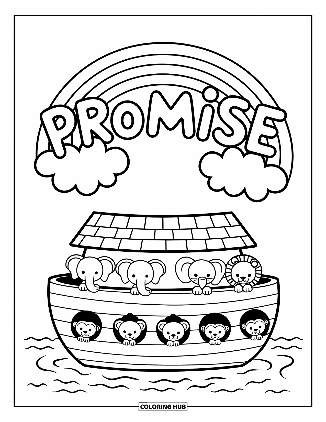 Christian Coloring Page for Adults: A small ark floats peacefully as animals peek from windows beneath a rainbow and clouds spelling "Promise"