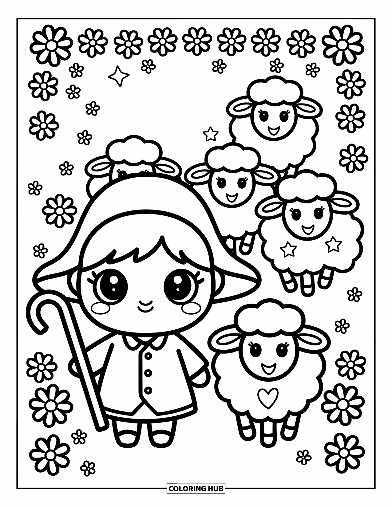 Christian Coloring Page for Adults: A smiling shepherd with a floppy hat leads playful, heart- and star-shaped sheep down a path