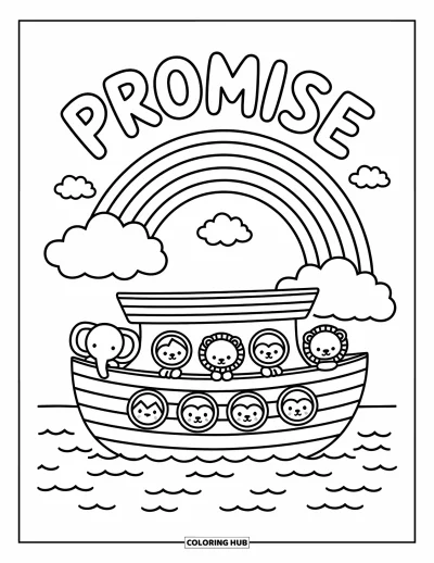 Christian Coloring Page for Adults: A tiny ark with animals floats under a rainbow with fluffy clouds forming the word "Promise"