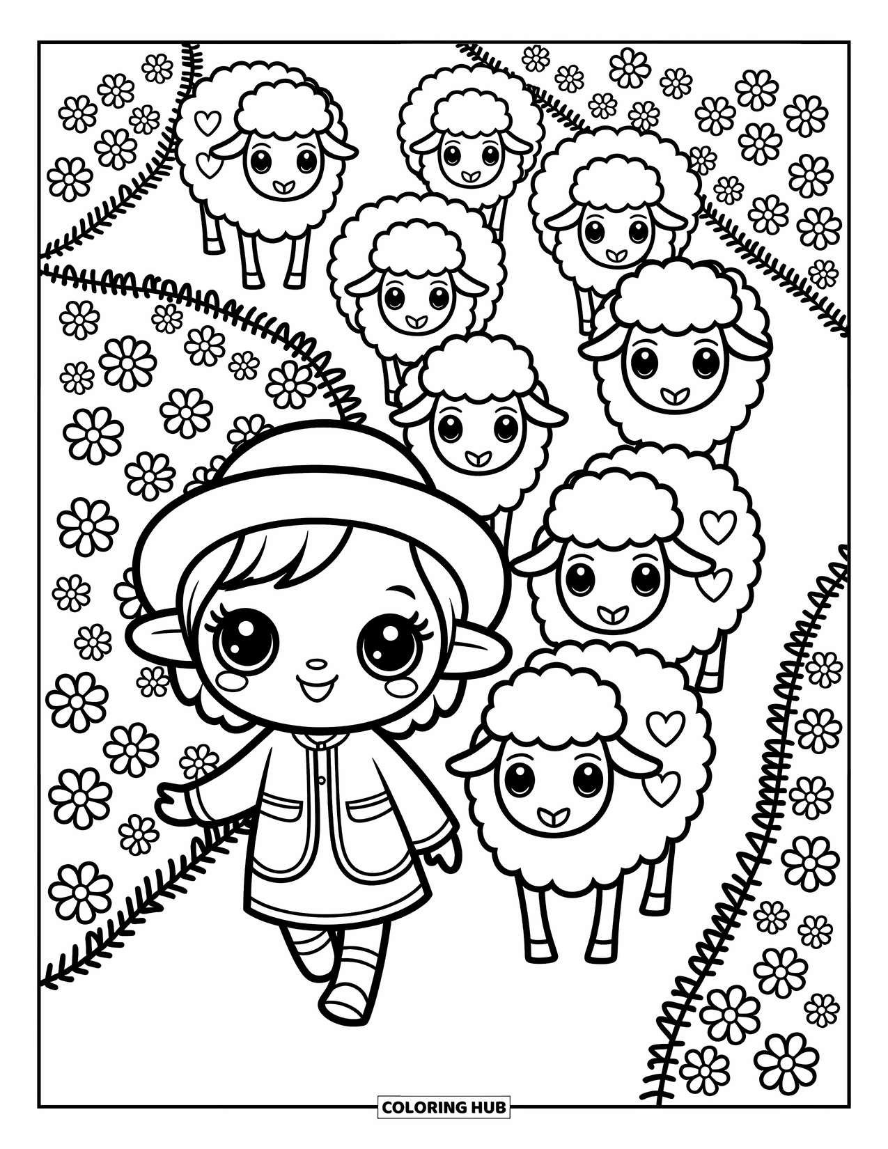 Christian Coloring Page for Adults: A tiny shepherd with expressive eyes leads playful sheep with stars and hearts on their wool