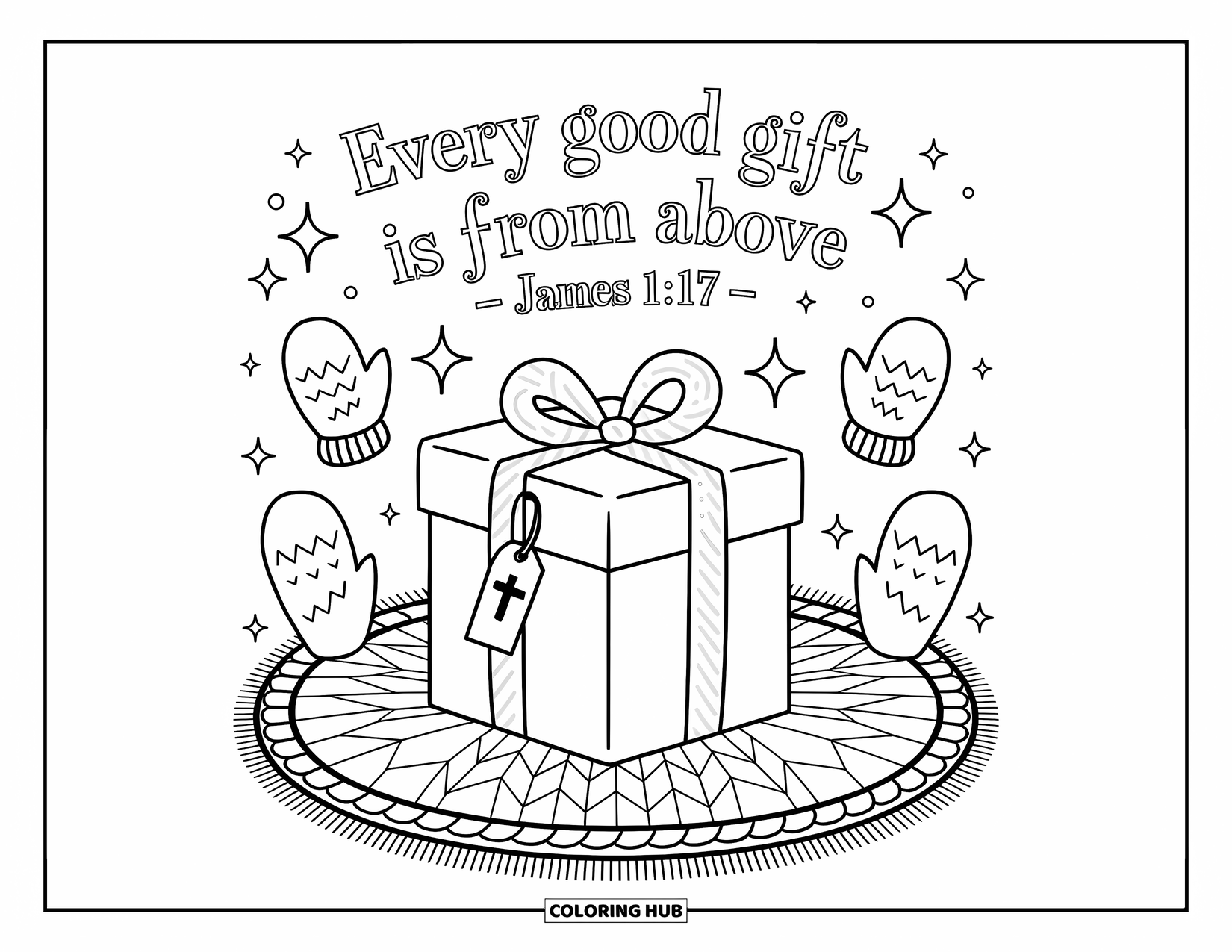 Christian Coloring Page for Adults: A wrapped gift with a tiny cross tag sits on a cozy rug surrounded by stars and mittens