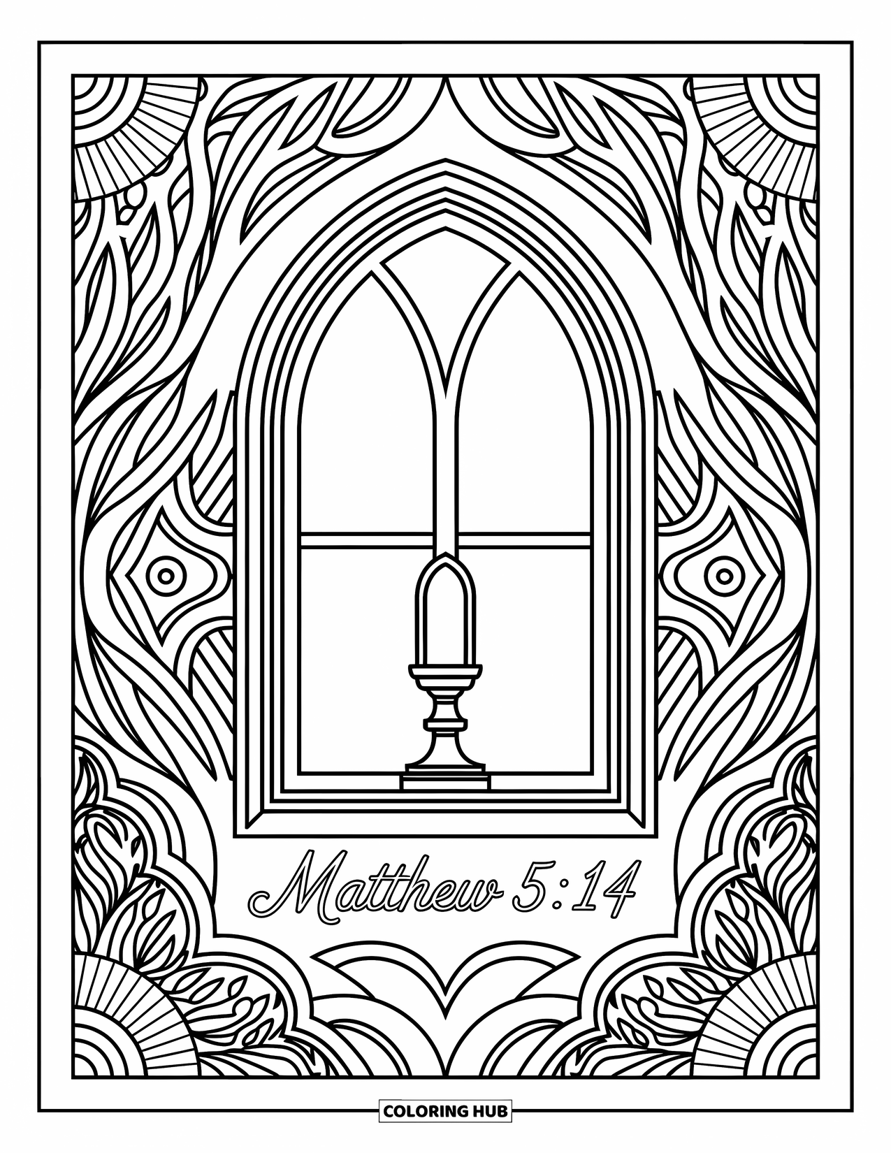 Christian Coloring Page for Adults: An arched window with a glowing lamp sits among detailed floral and geometric background patterns
