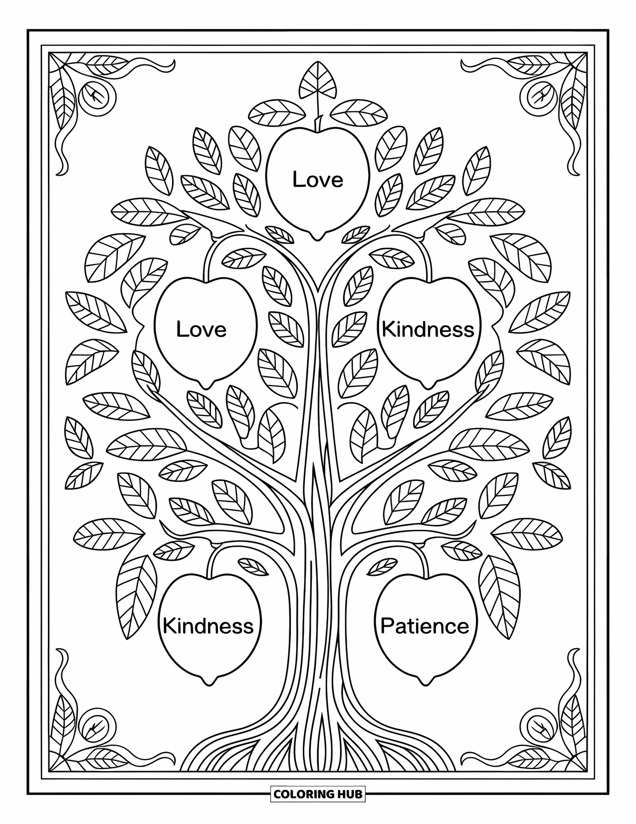 Christian Coloring Page for Adults: An elegant Tree of Life bears fruits with "Love," "Joy," "Kindness," and "Patience"