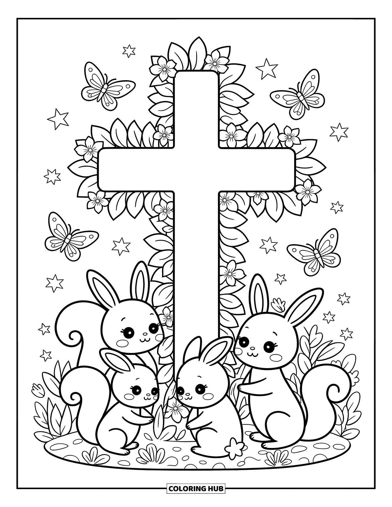 Christian Coloring Page for Adults: An oversized cross wrapped in ivy is surrounded by peaceful forest animals, butterflies, and sparkles