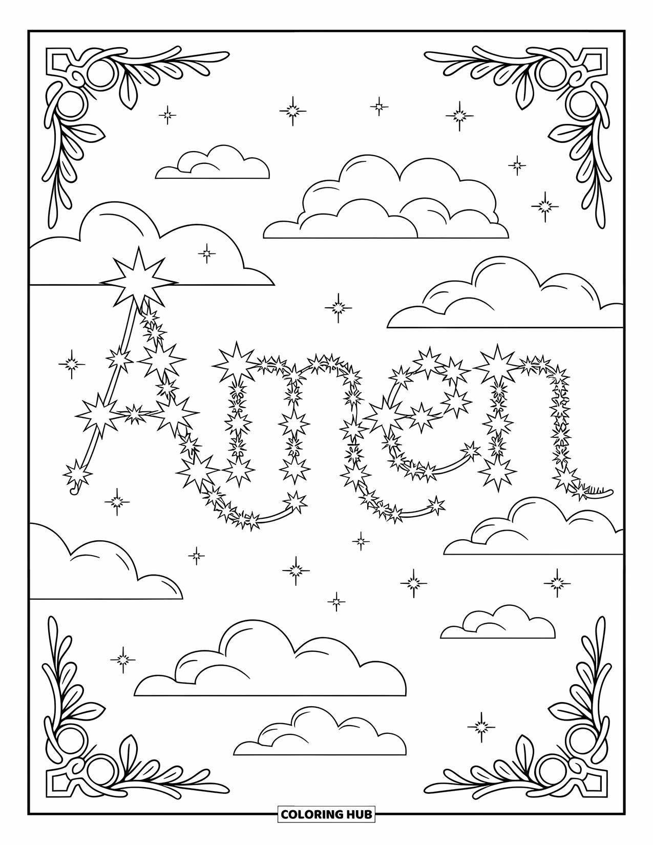 Christian Coloring Page for Adults: Shimmering stars spell out "Amen" across a celestial scene with sweeping clouds and elegant designs